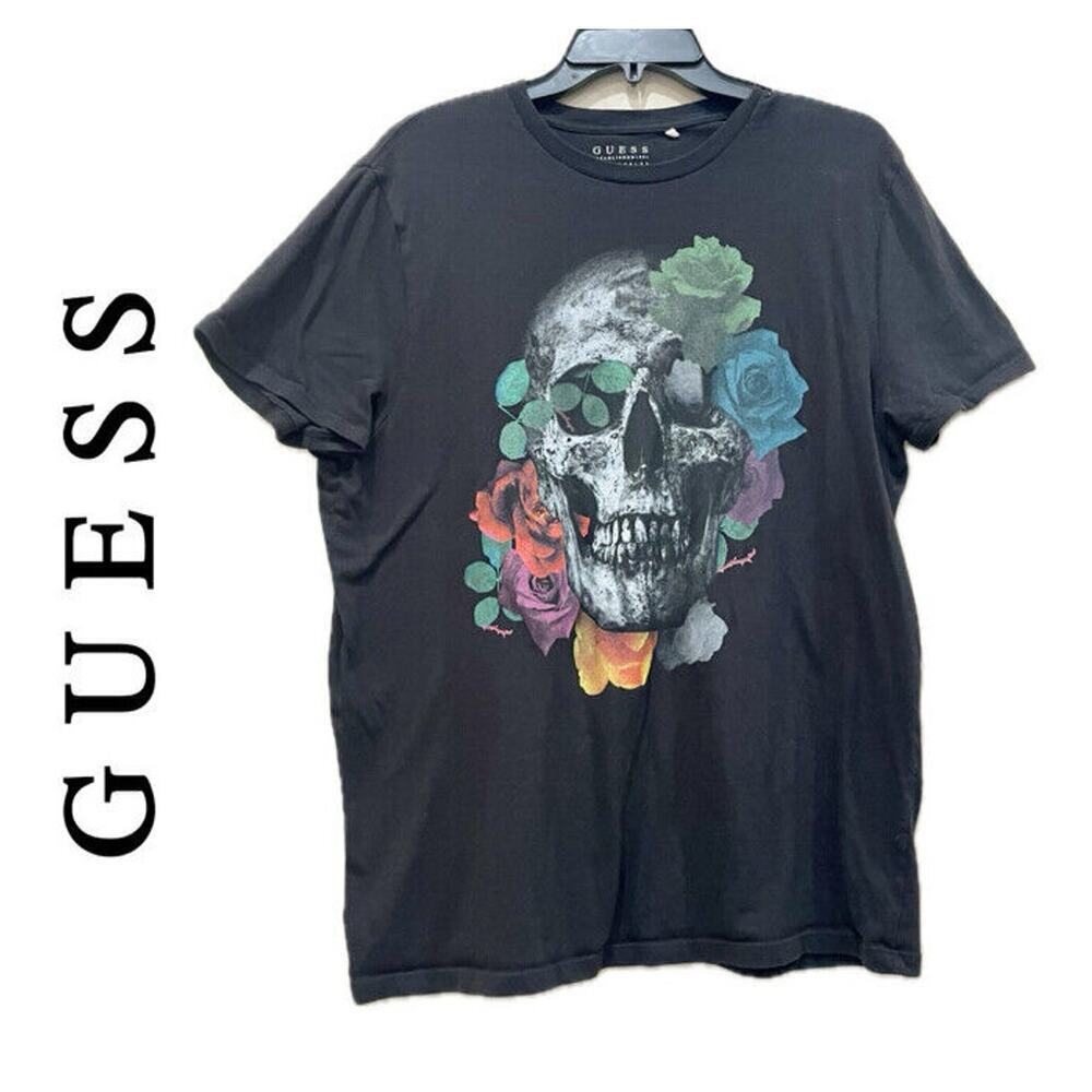 GUESS T-SHIRT‎ SKULL ROSES GRAPHIC PRINT SIZE LARGE BLACK EMO GOTHIC CORE